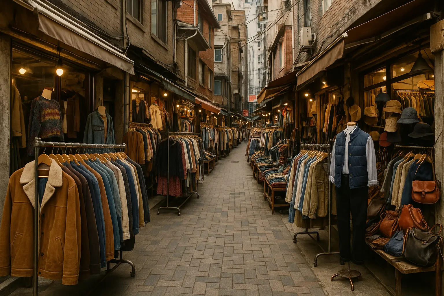 A narrow Seoul vintage shopping street with secondhand clothing racks and small storefronts
