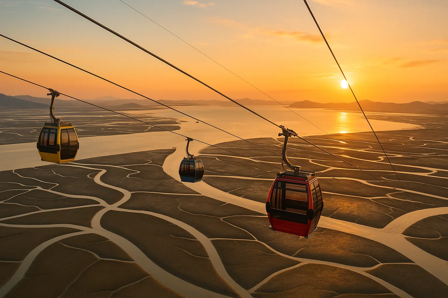 Glass cable-car cabins crossing the west-coast tidal landscape