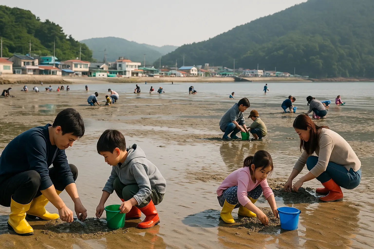 Families digging clams on the broad sandy flats of Seonjaedo