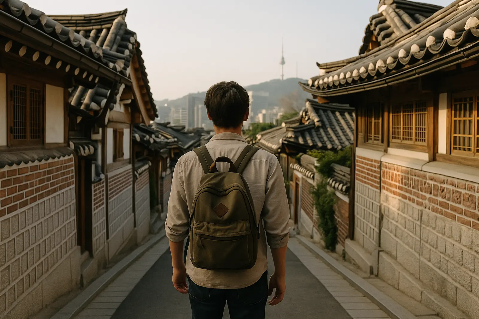 이른 아침 북촌한옥마을 골목을 오르는 여행자의 뒷모습