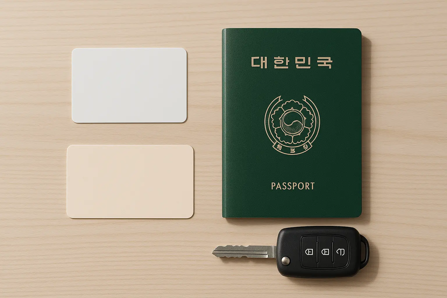 A Korean transit card, rail ticket, passport and rental-car key arranged for planning