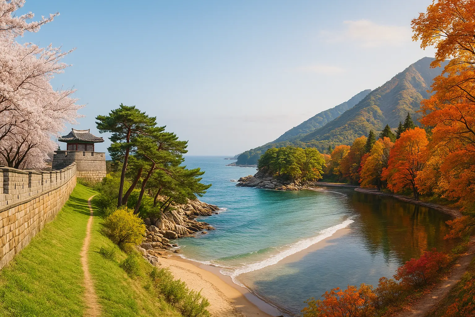 Four-season Korean day-trip scene with spring fortress blossoms, summer coast and autumn lake