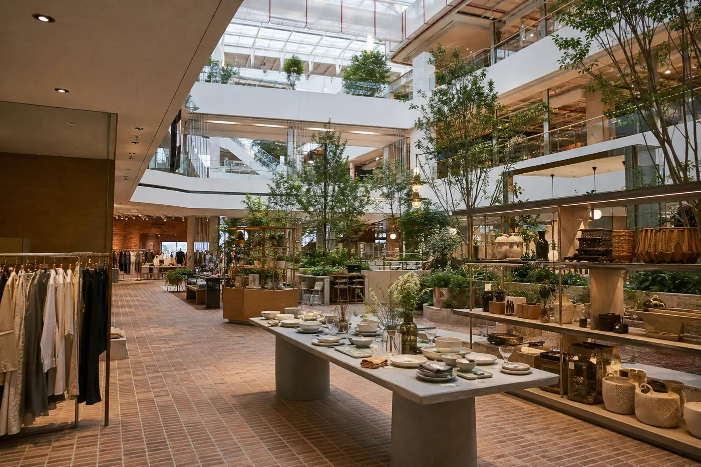 The Hyundai Seoul interior with open voids, greenery and contemporary retail