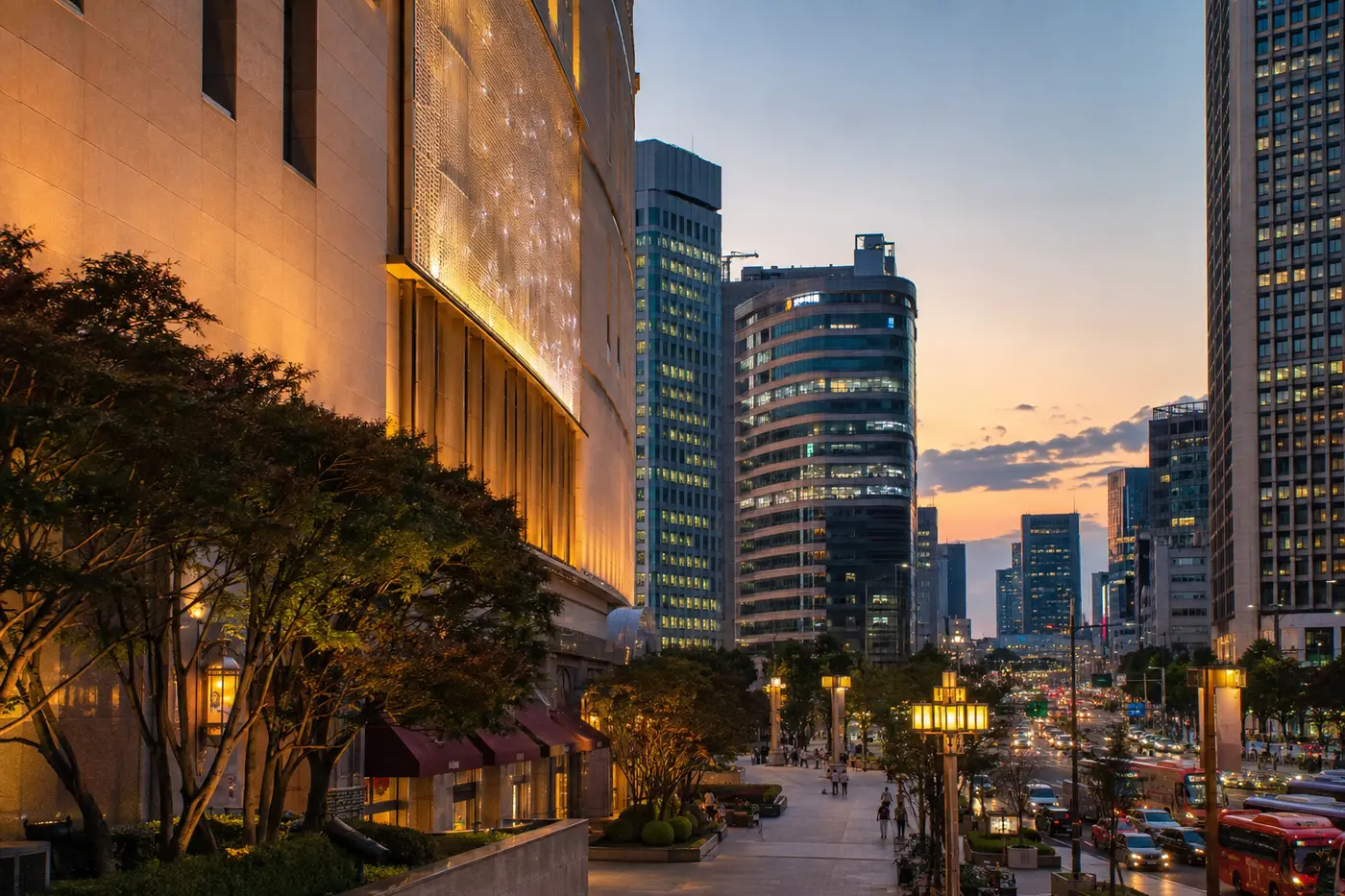 Central Seoul department stores near Myeongdong and Namdaemun at dusk
