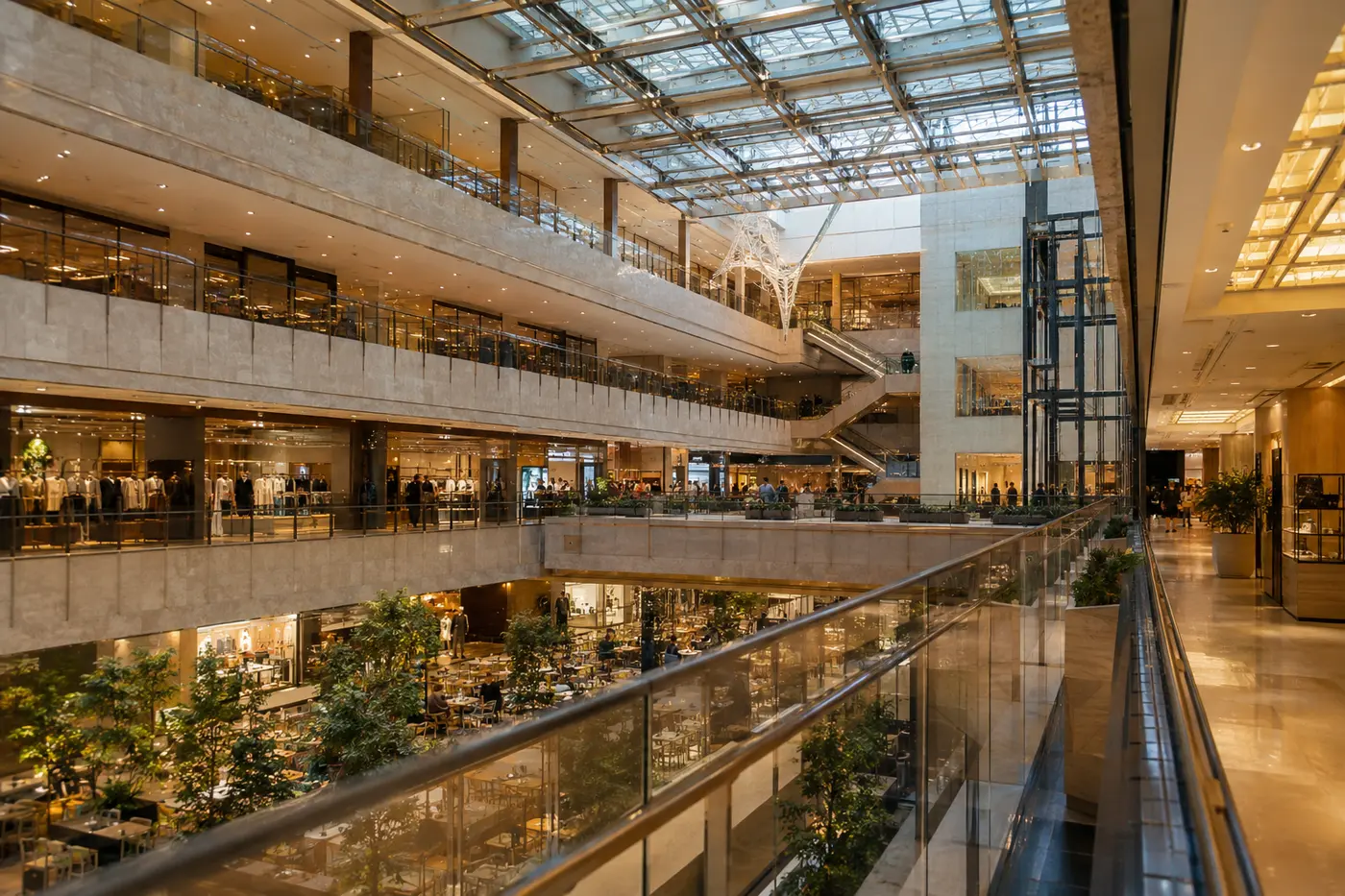 A grand but realistic Shinsegae Gangnam atrium with multiple retail levels