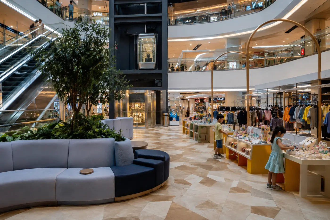 A spacious Seoul mall with family seating, elevators and children browsing in the background