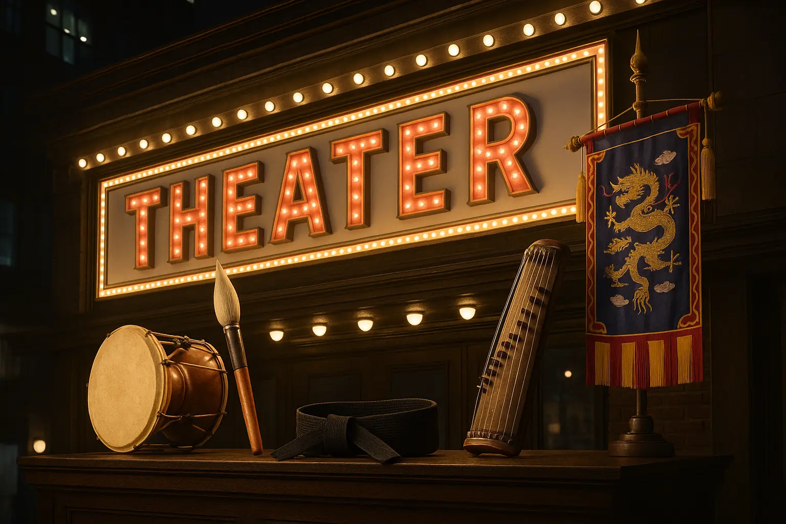 A theater marquee collage representing five visual Seoul performances