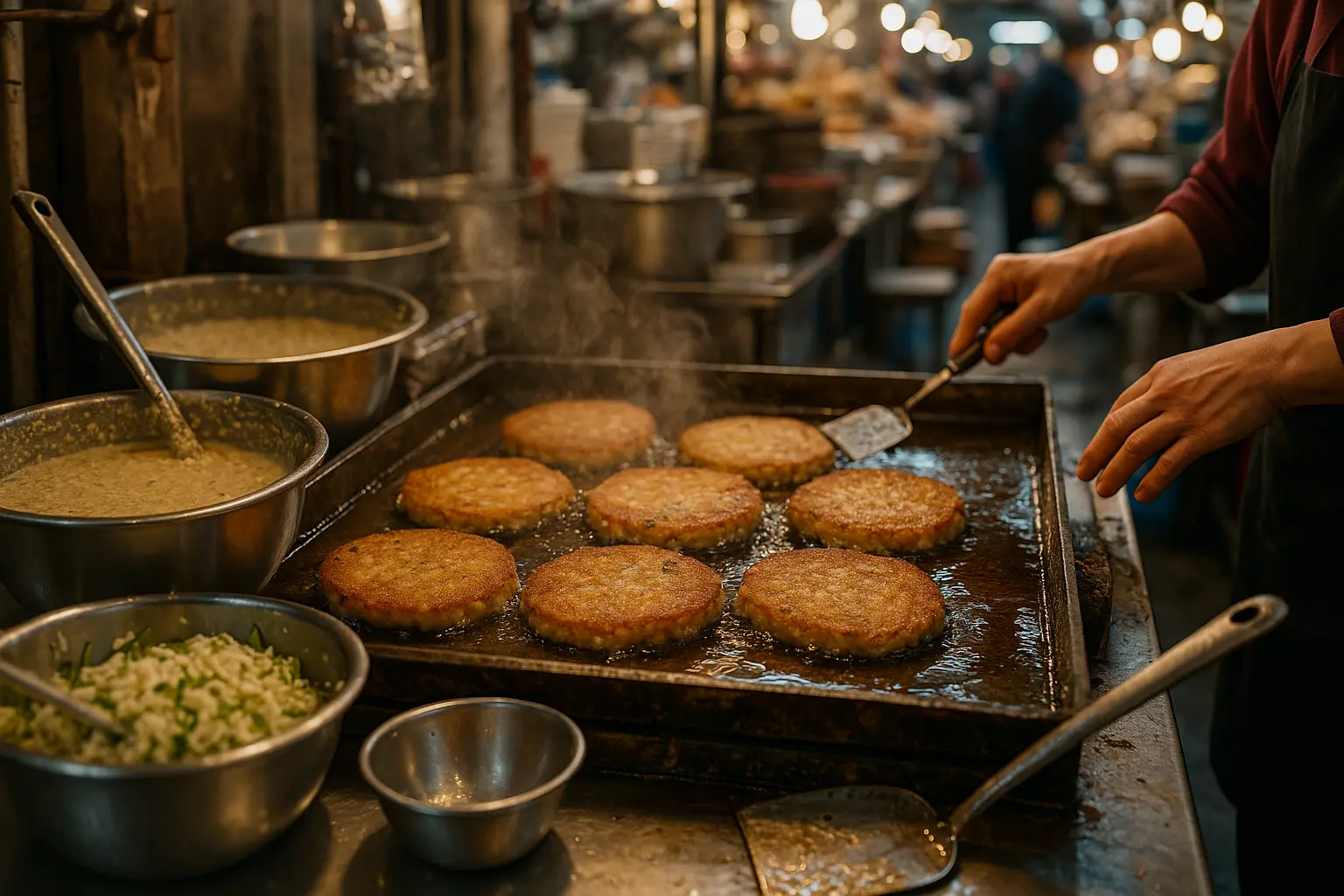 Bindaetteok sizzling in oil at a Gwangjang Market stall