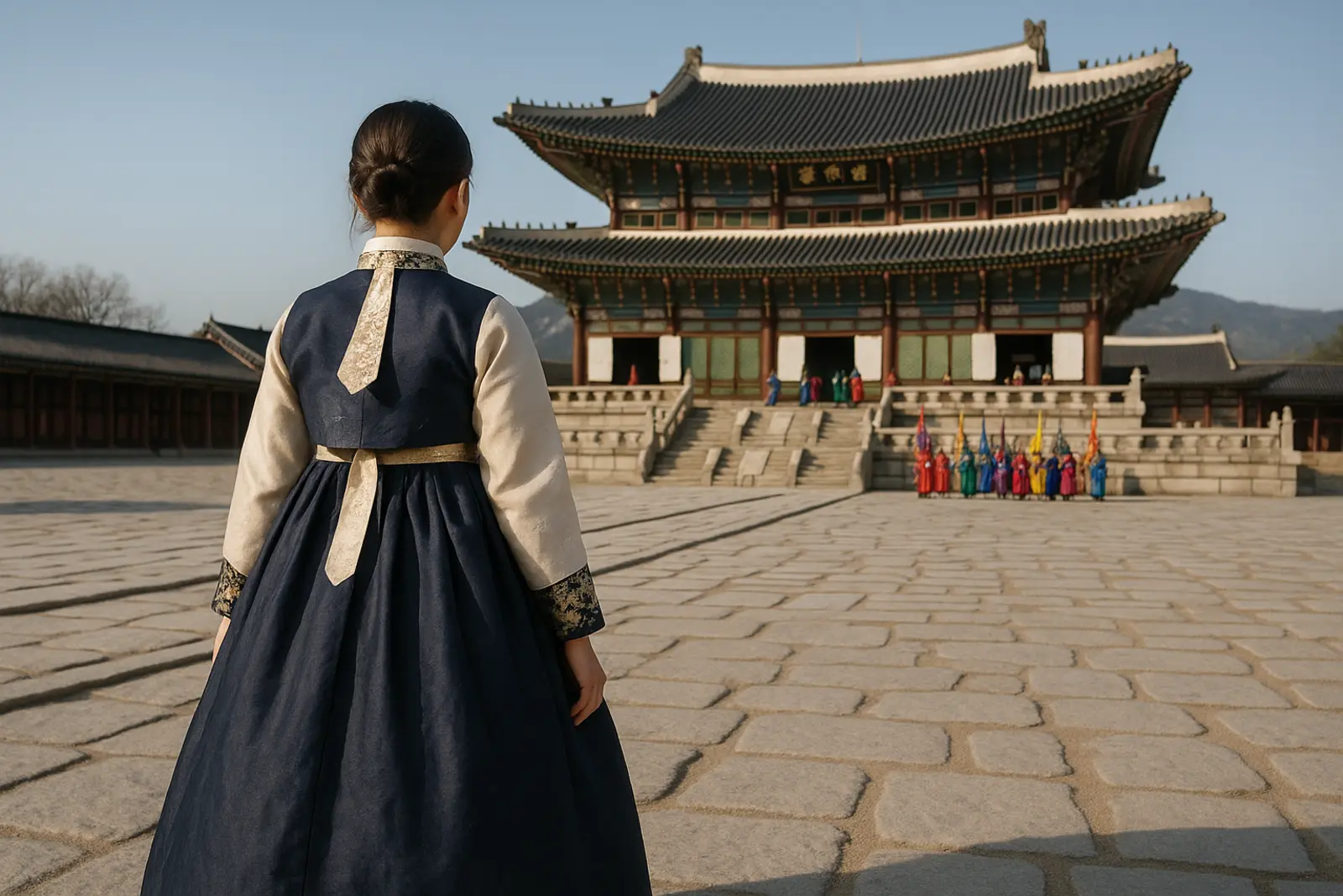 경복궁 근정전을 향해 걸어가는 한복 입은 여행자의 뒷모습