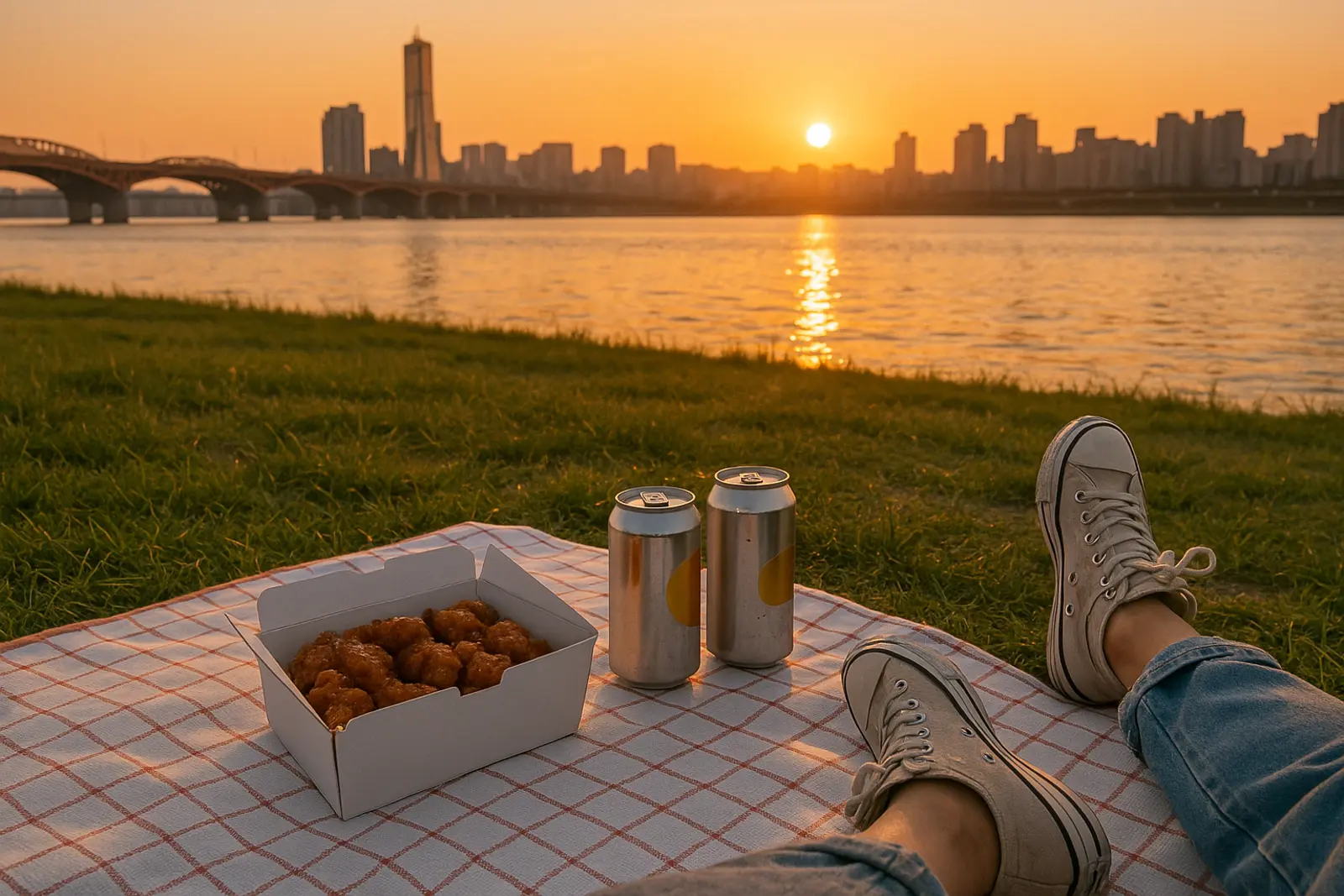 해질녘 한강공원 돗자리 위의 치킨과 맥주