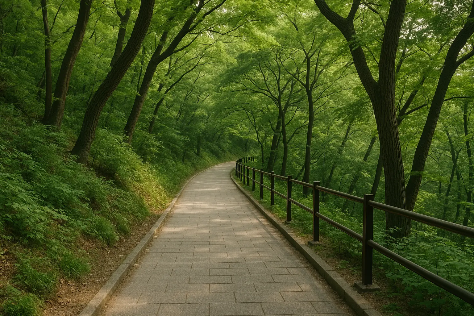 A gentle paved forest path in Seoul as an alternative to a steep rocky hike