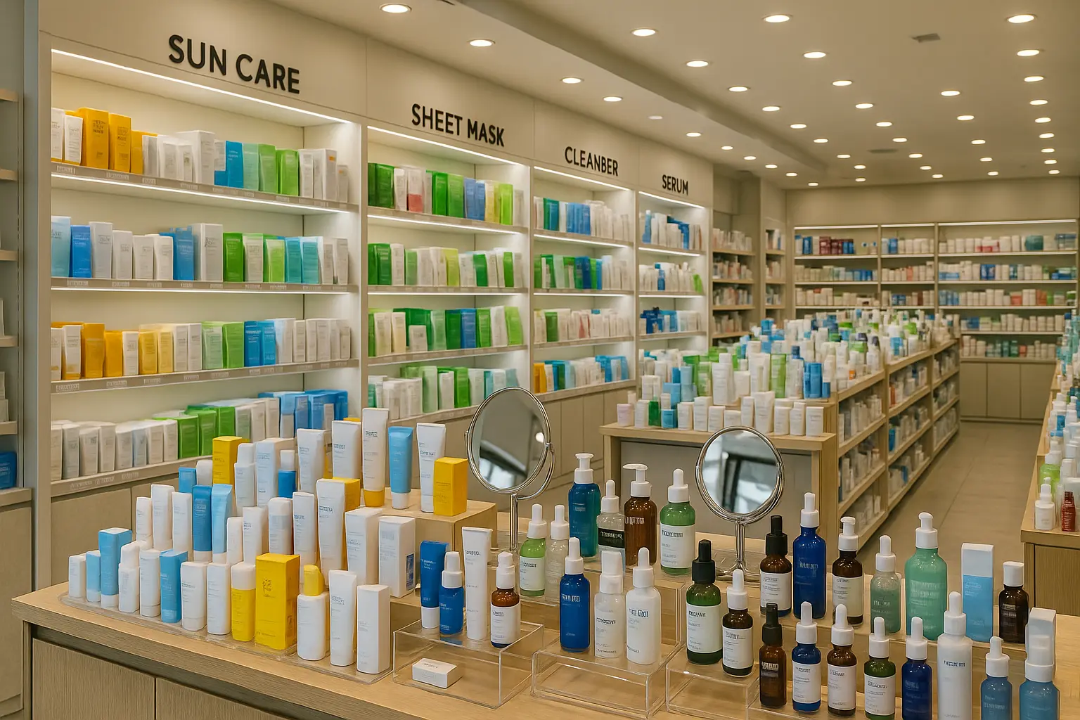 A photorealistic Korean beauty store with skincare shelves, testers and natural shoppers