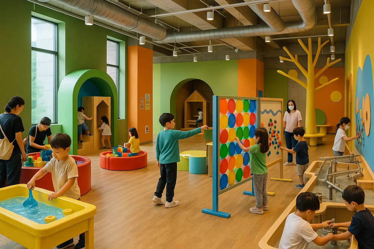 Interactive play galleries inside a modern Seoul children’s museum