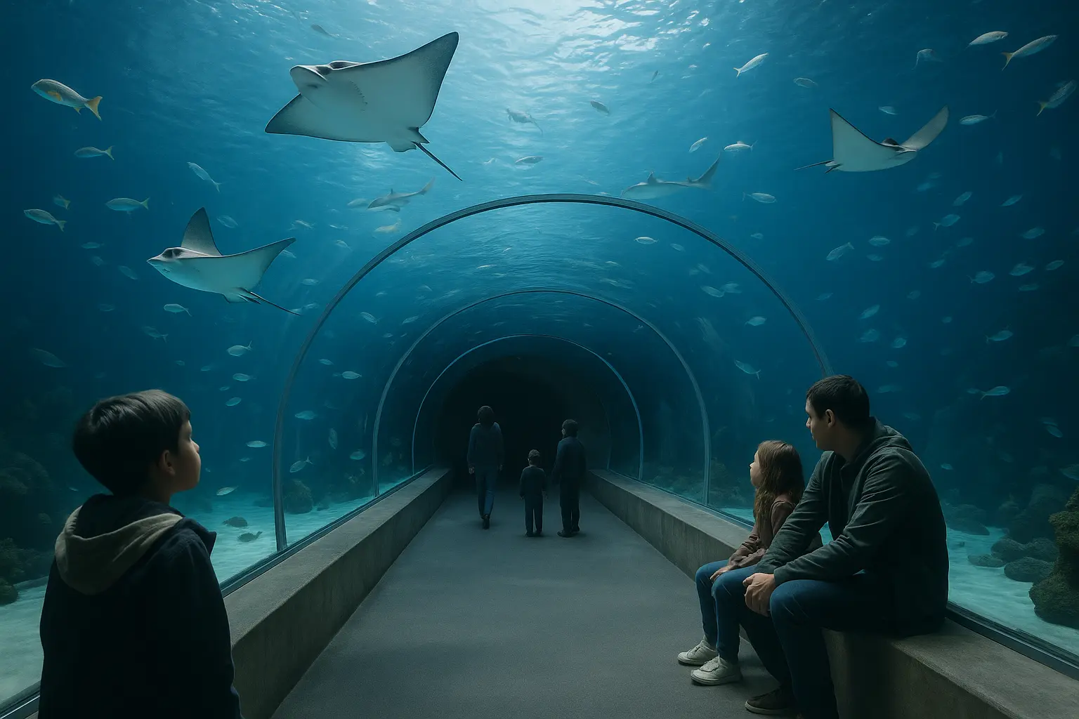 A broad aquarium tunnel with marine life above family viewing areas