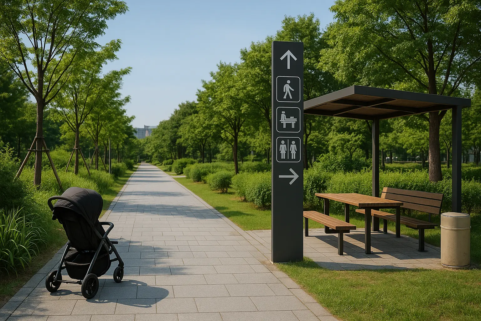 An orderly stroller-friendly path and family rest area in Seoul