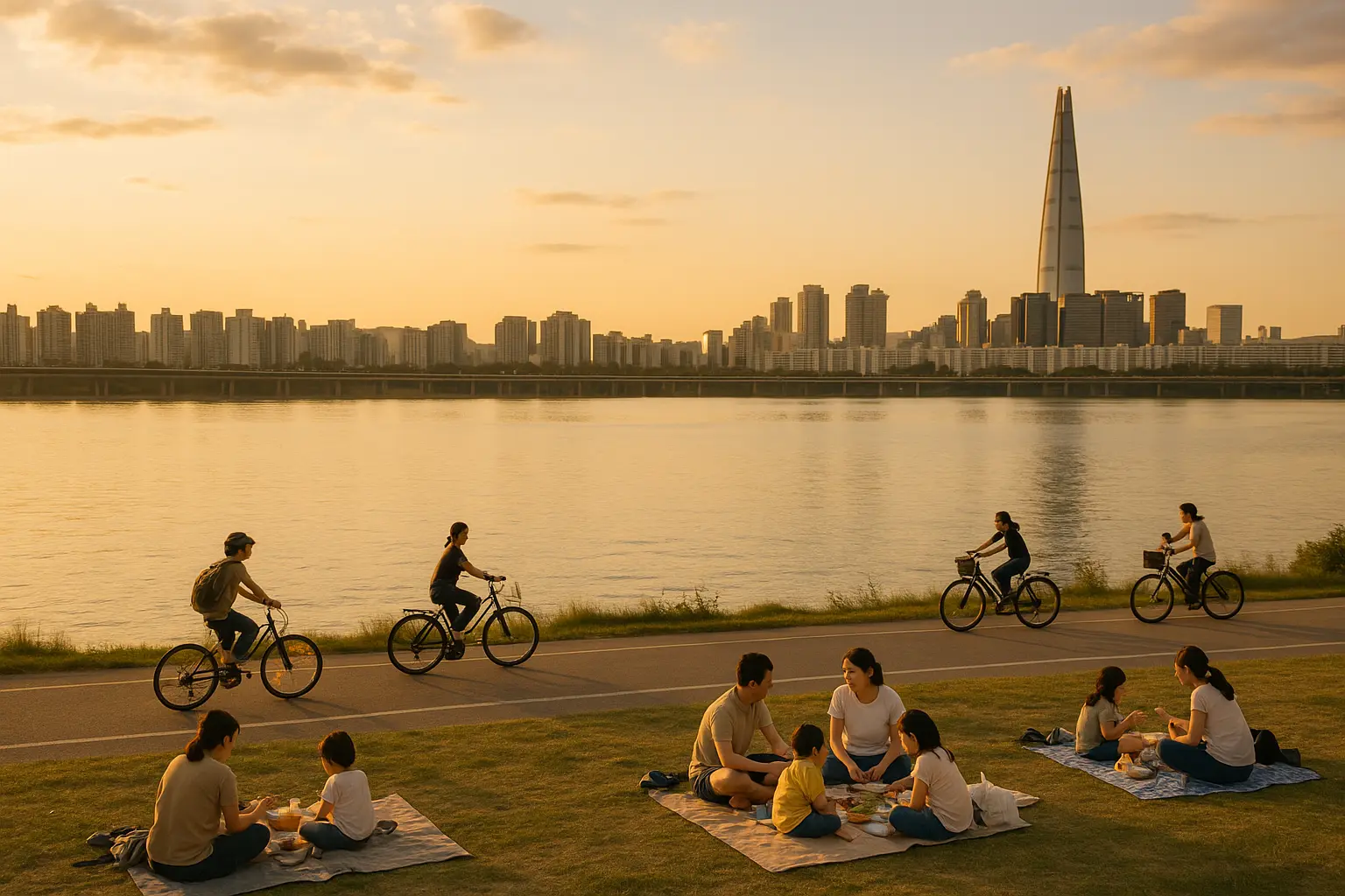 Families picnicking and cycling beside the Han River at sunset