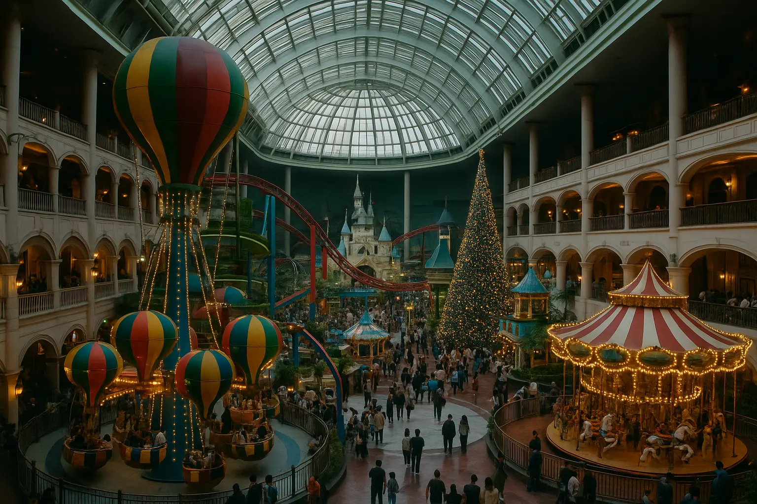 The colorful indoor atrium and rides of a large Seoul theme park