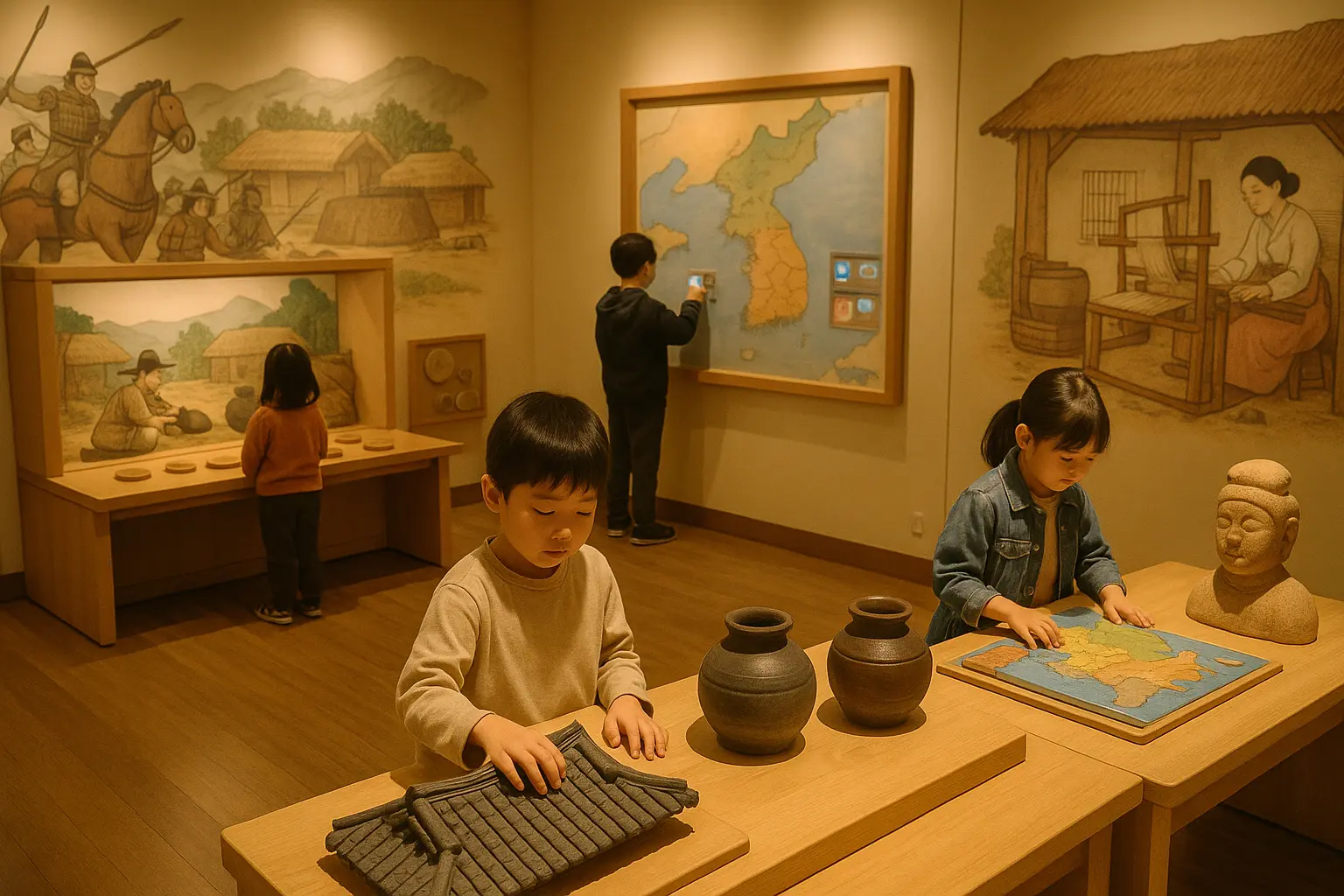 Children exploring hands-on Korean history displays in a museum gallery