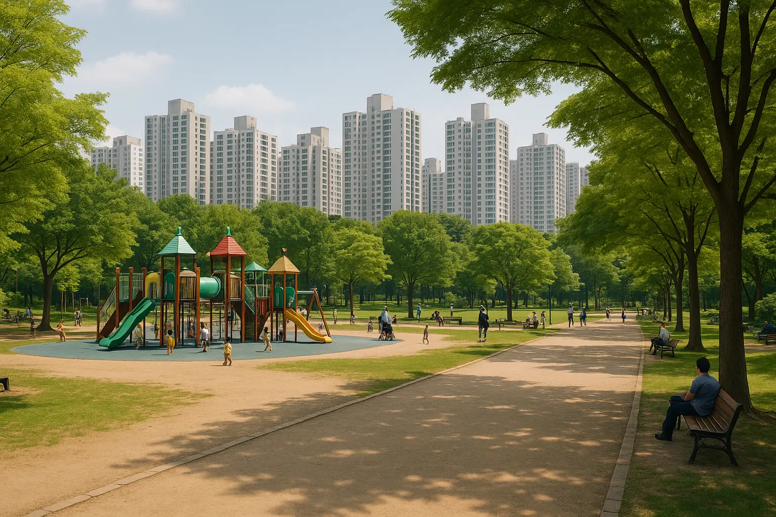 A bright family day in a Seoul park with playgrounds and city buildings beyond