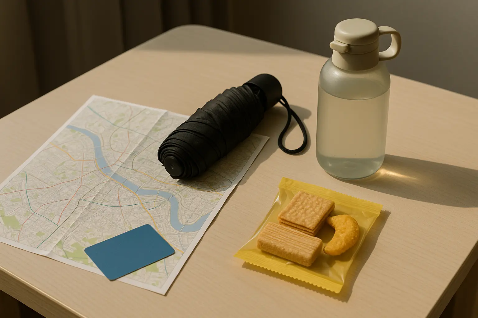 A family planning a Seoul day with a simple map, snacks and rain gear