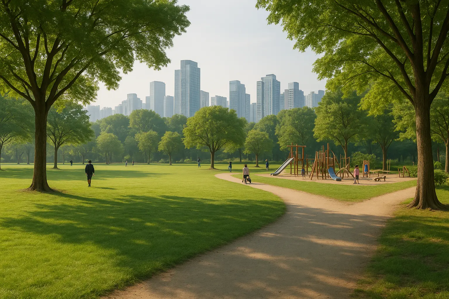 Wide lawns, shaded paths and play areas at Seoul Forest