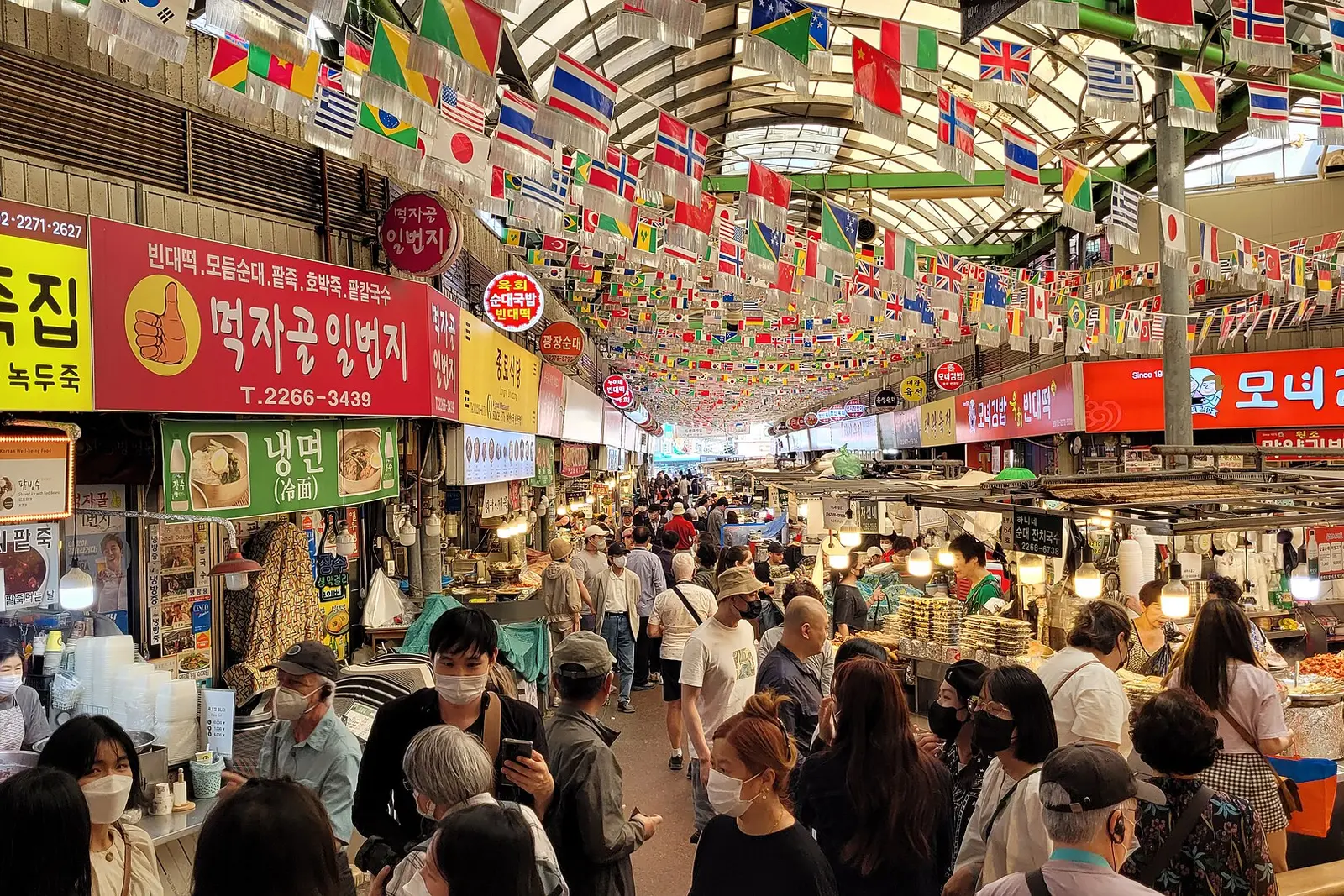 Food counters inside Gwangjang Market