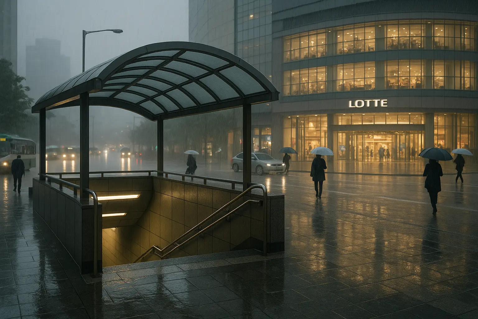 A photorealistic rainy Seoul street connecting a subway entrance with nearby indoor shops