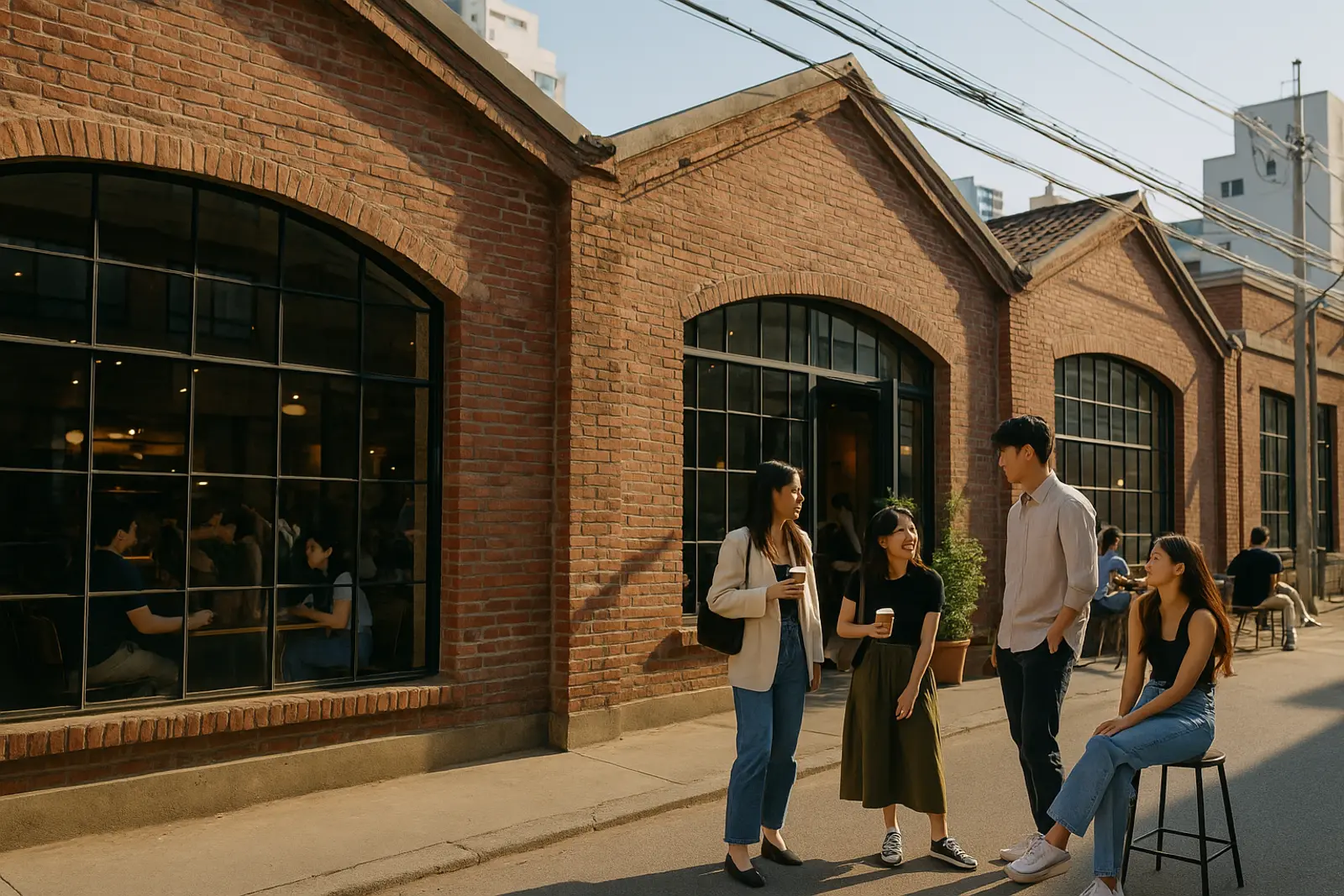 A converted industrial café interior in Seongsu with brick, concrete and afternoon light
