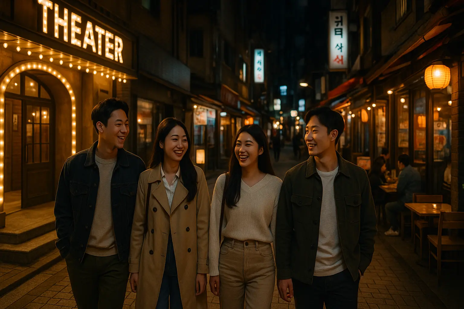 Travelers checking a Seoul theater route on a phone before an evening performance