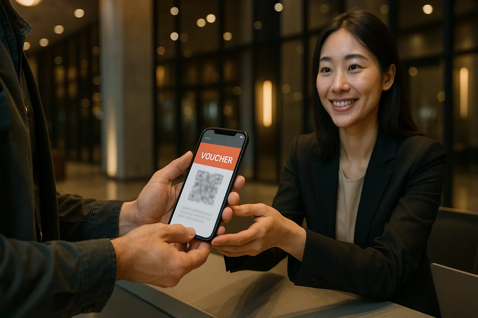 An international traveler receiving a mobile theater ticket in Seoul