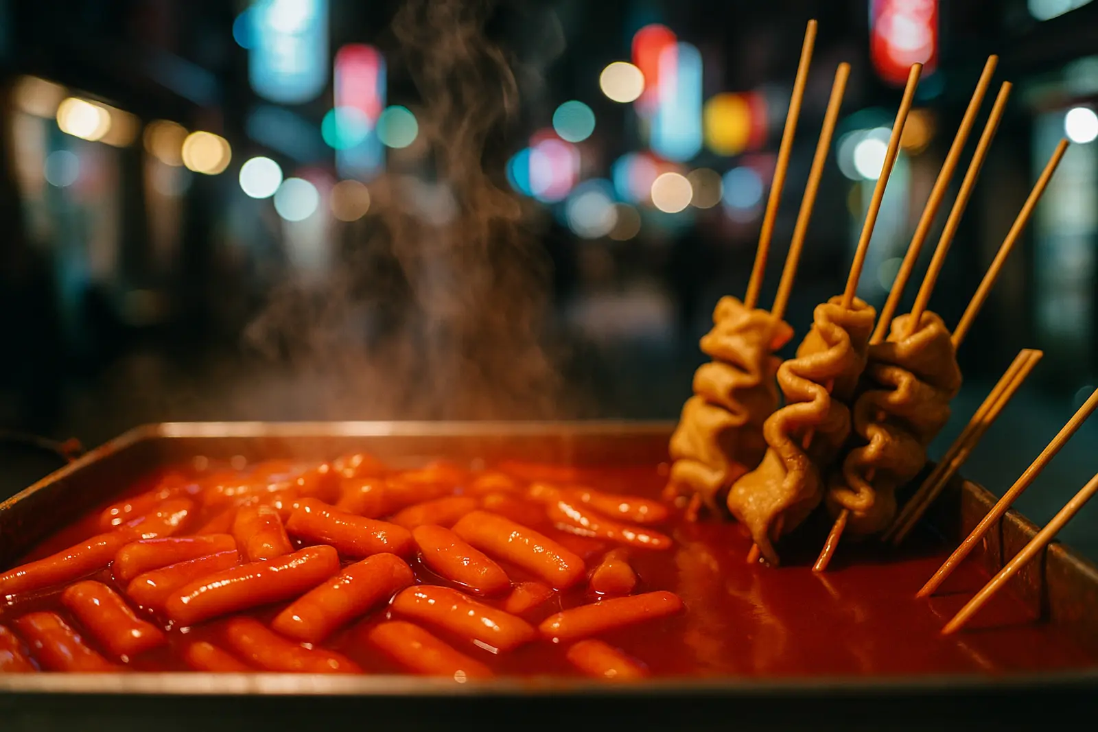 Tteokbokki simmering in red sauce at a Seoul street food cart