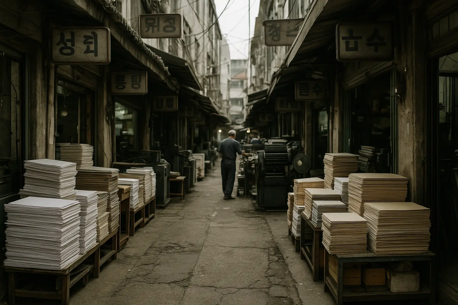 Daytime printing workshops and narrow lanes in Euljiro