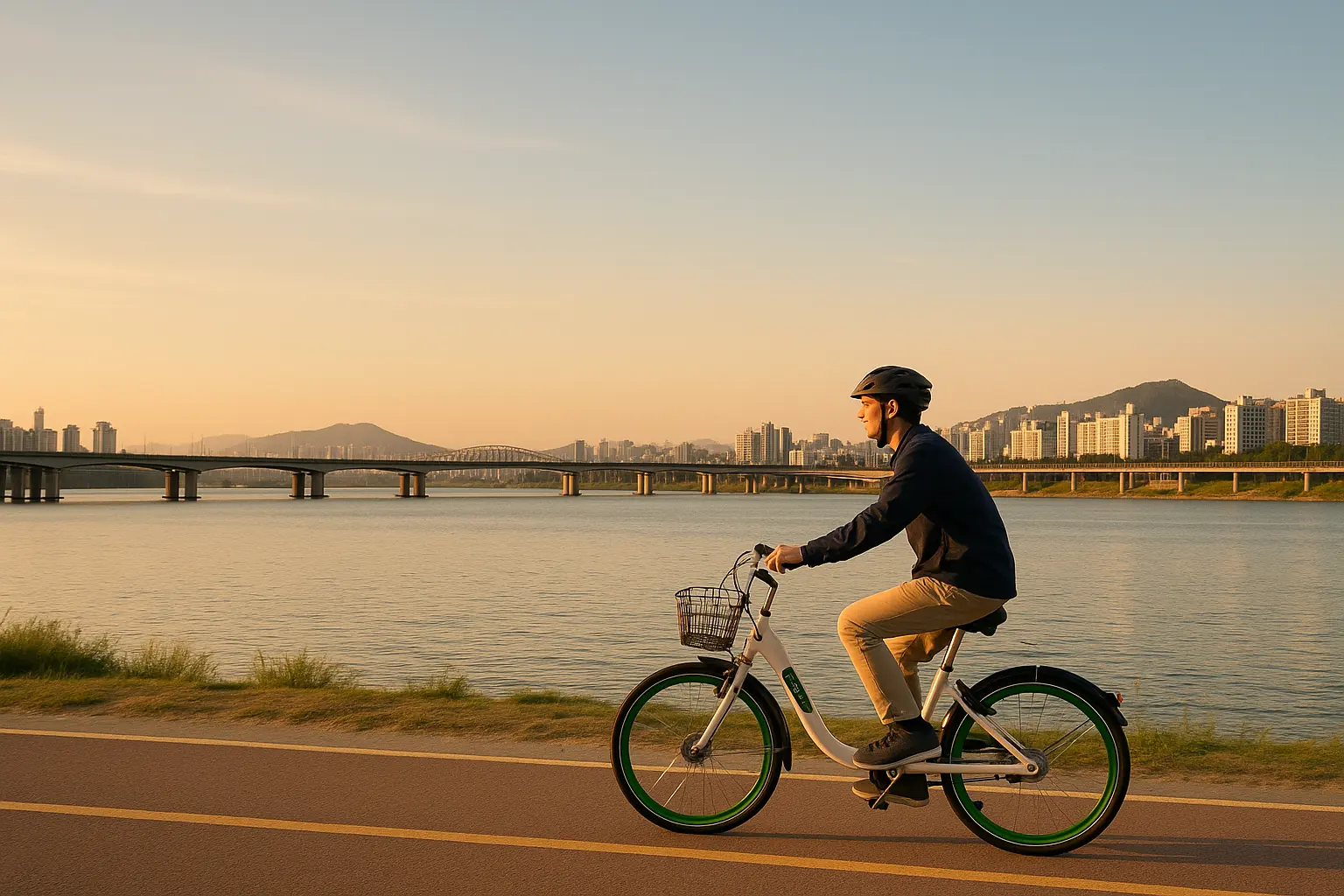 A cyclist riding a riverside bicycle path beside the Hangang