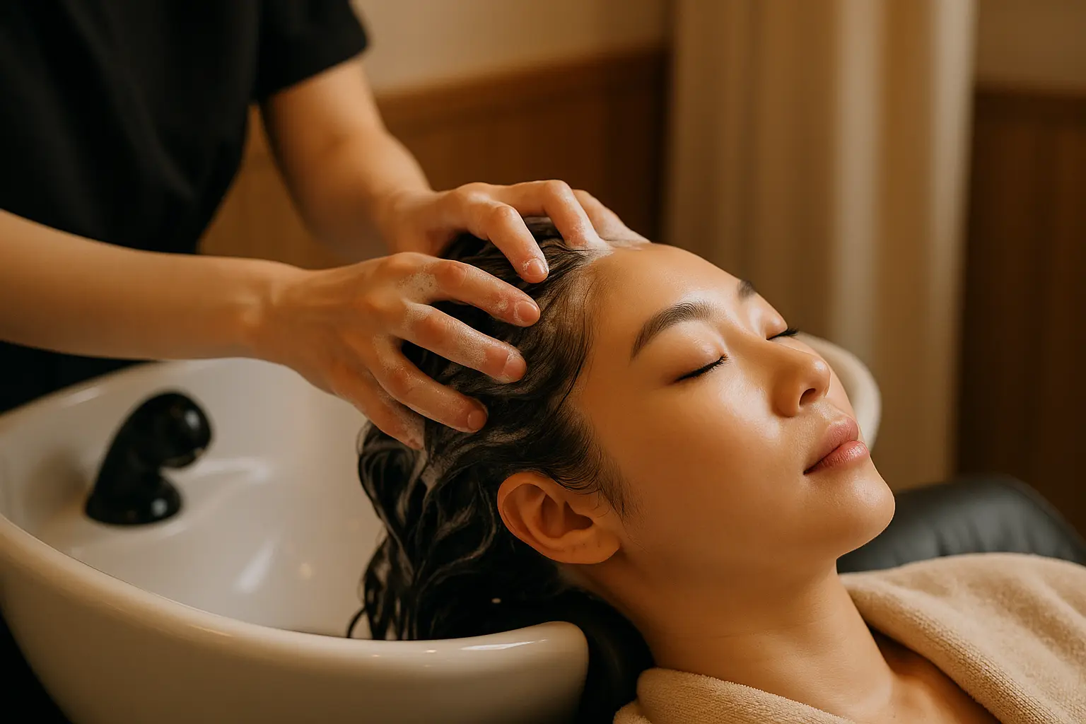 A calm Korean head-spa treatment room with a reclining wash bed