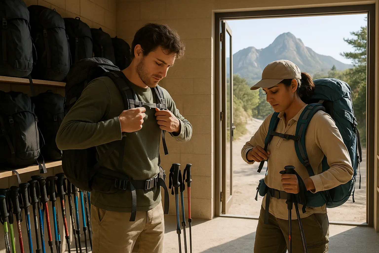 International hikers preparing rented gear at a Seoul hiking center