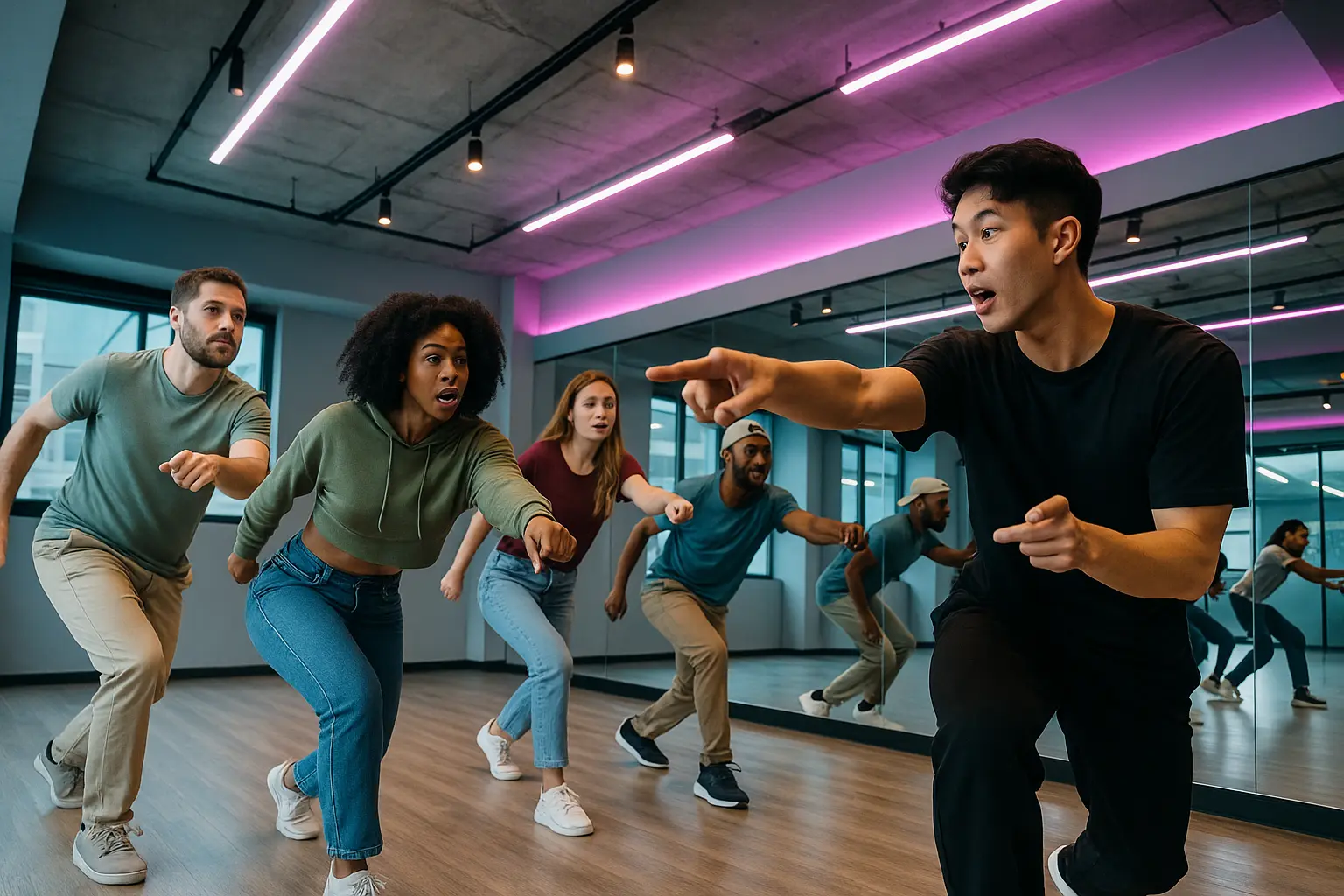 Travelers learning a K-pop dance chorus in a mirrored Seoul studio
