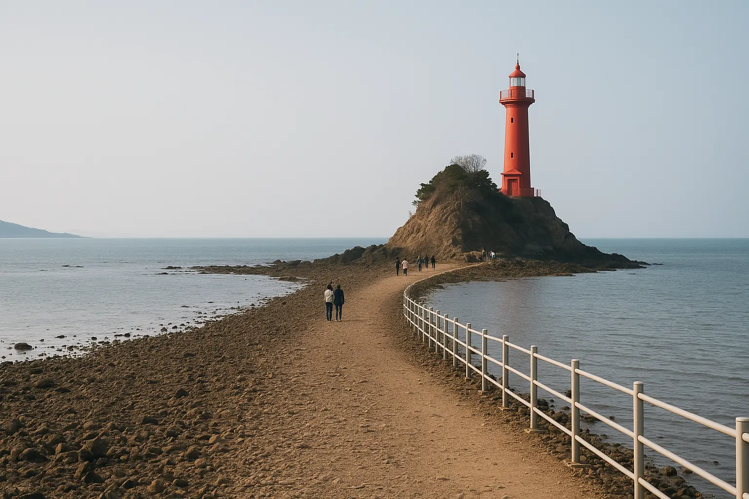 Nueseom lighthouse beyond an exposed tidal path at Tando Port