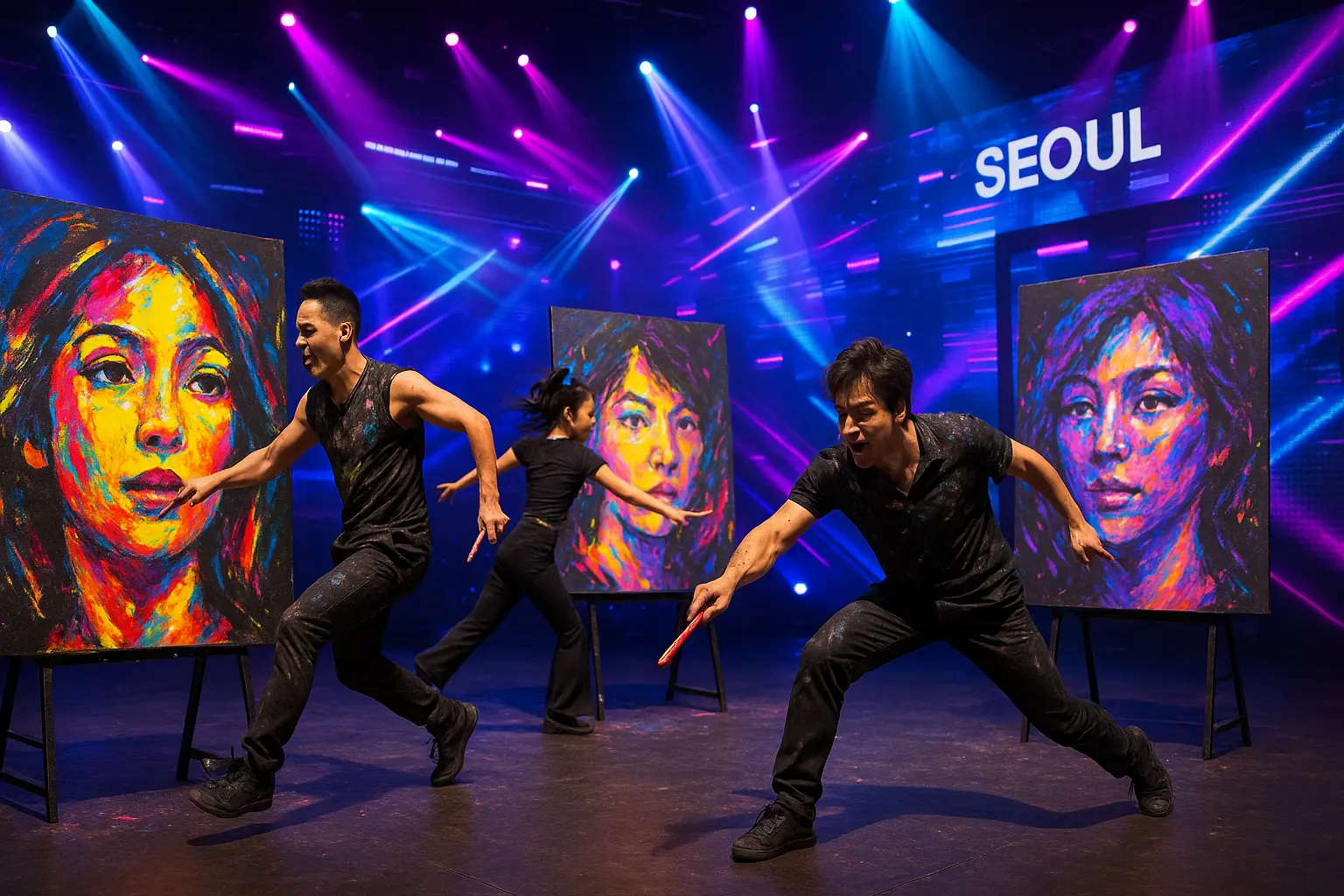 Four performers creating colorful portraits during a K-pop dance show