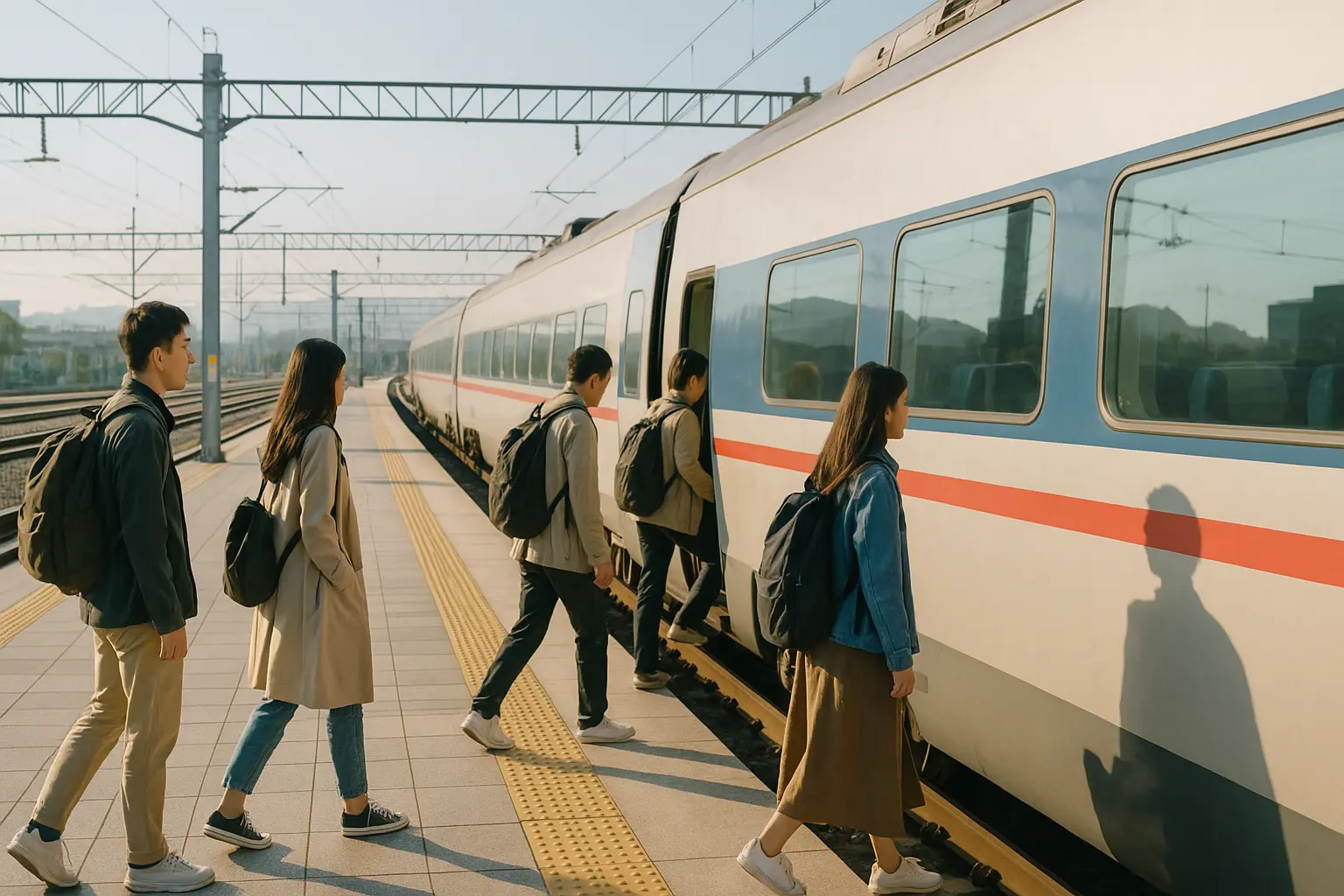 Travelers boarding a morning train for a day beyond Seoul