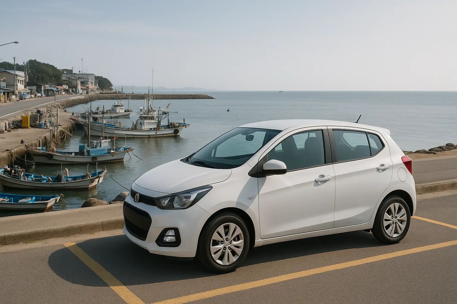 A compact rental car parked legally beside a Korean west-coast fishing harbor
