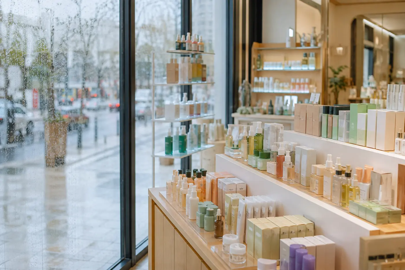 Korean skincare and makeup categories displayed in a bright health-and-beauty store