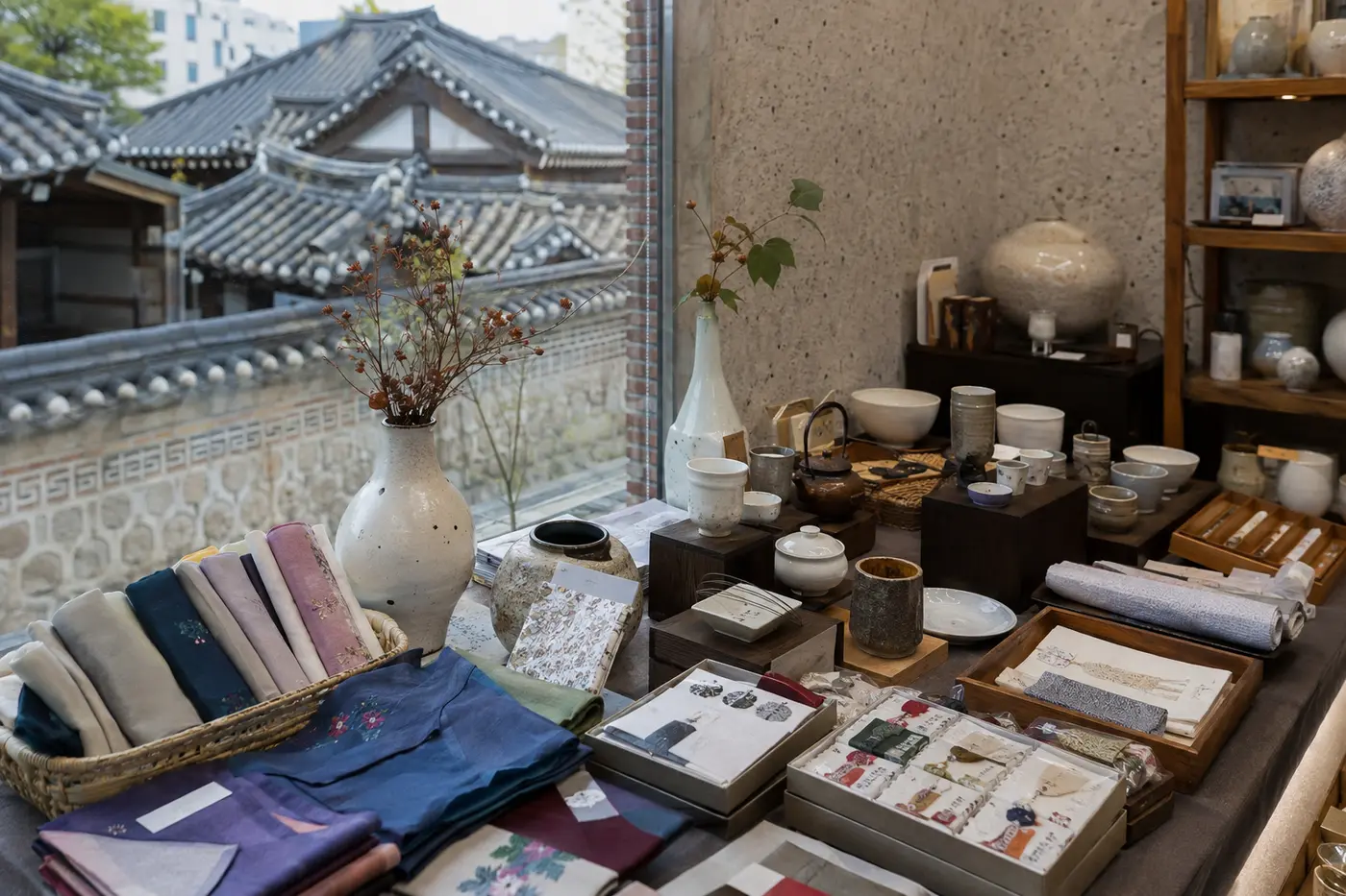 Contemporary Korean craft objects including fabric, ceramics and paper goods
