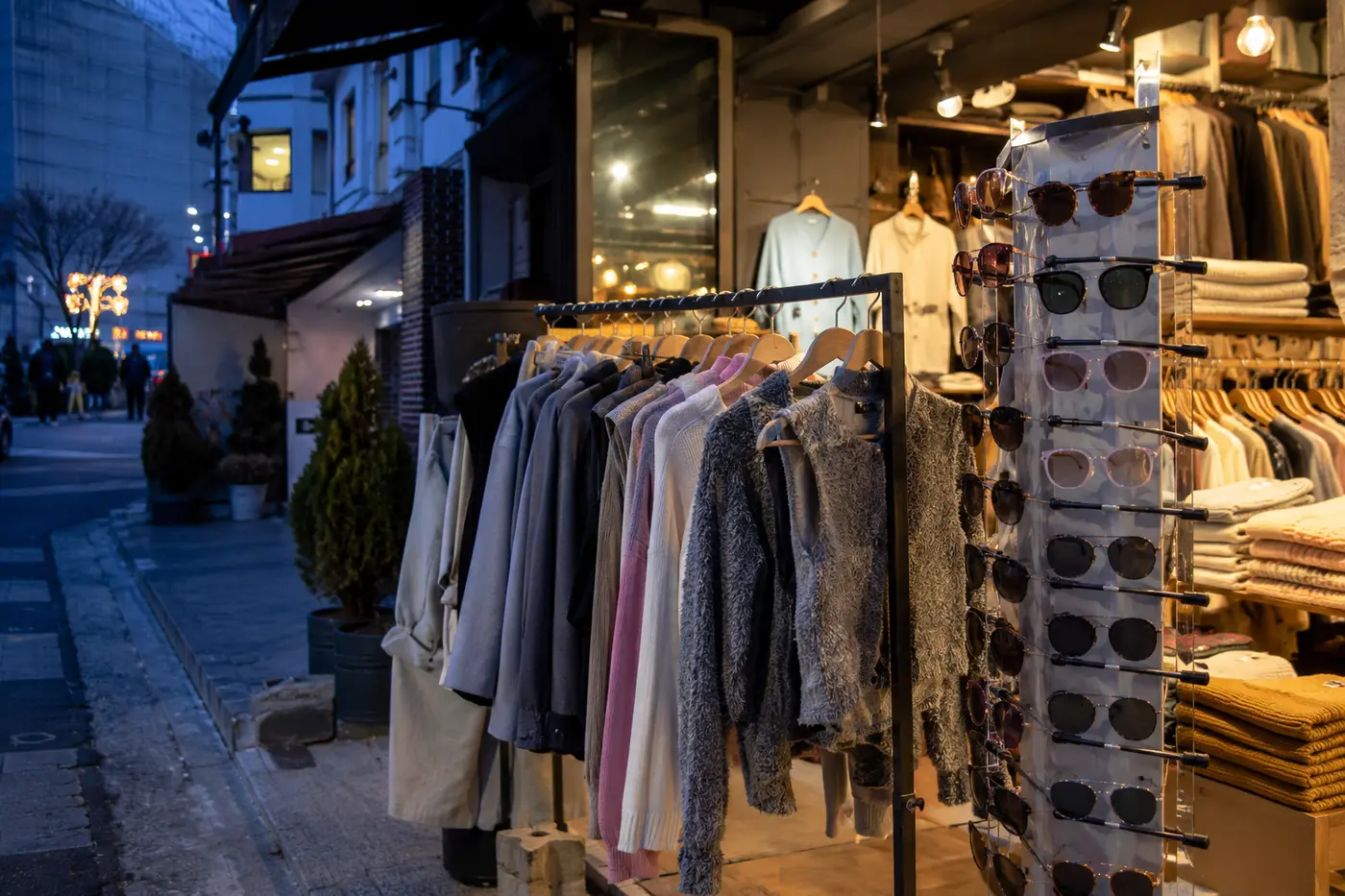 A Seoul fashion rack and eyewear display photographed without a posed model