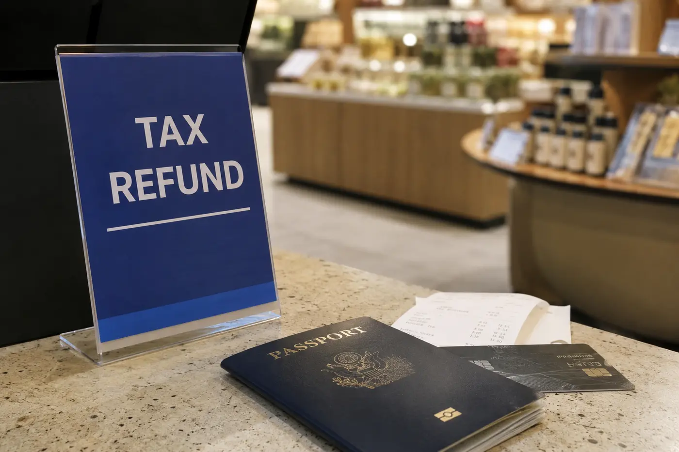A passport, receipts and card beside a Korean tax-refund checkout sign