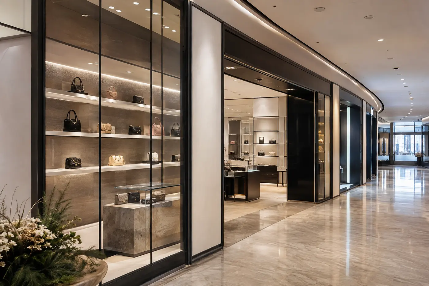 A luxury department-store corridor with a dedicated handbag boutique entrance