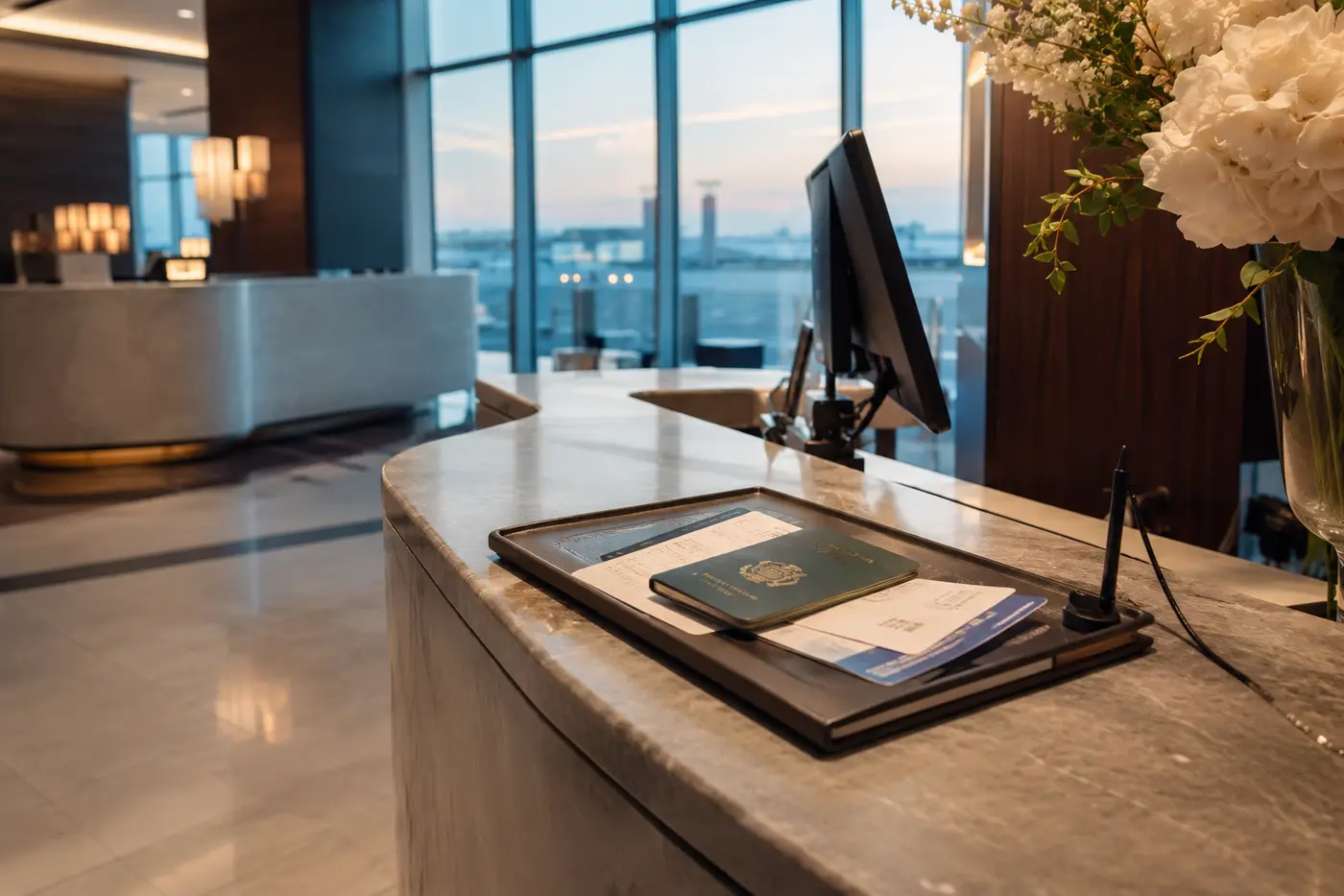 A luxury travel-retail counter with passport, boarding details and pickup instructions