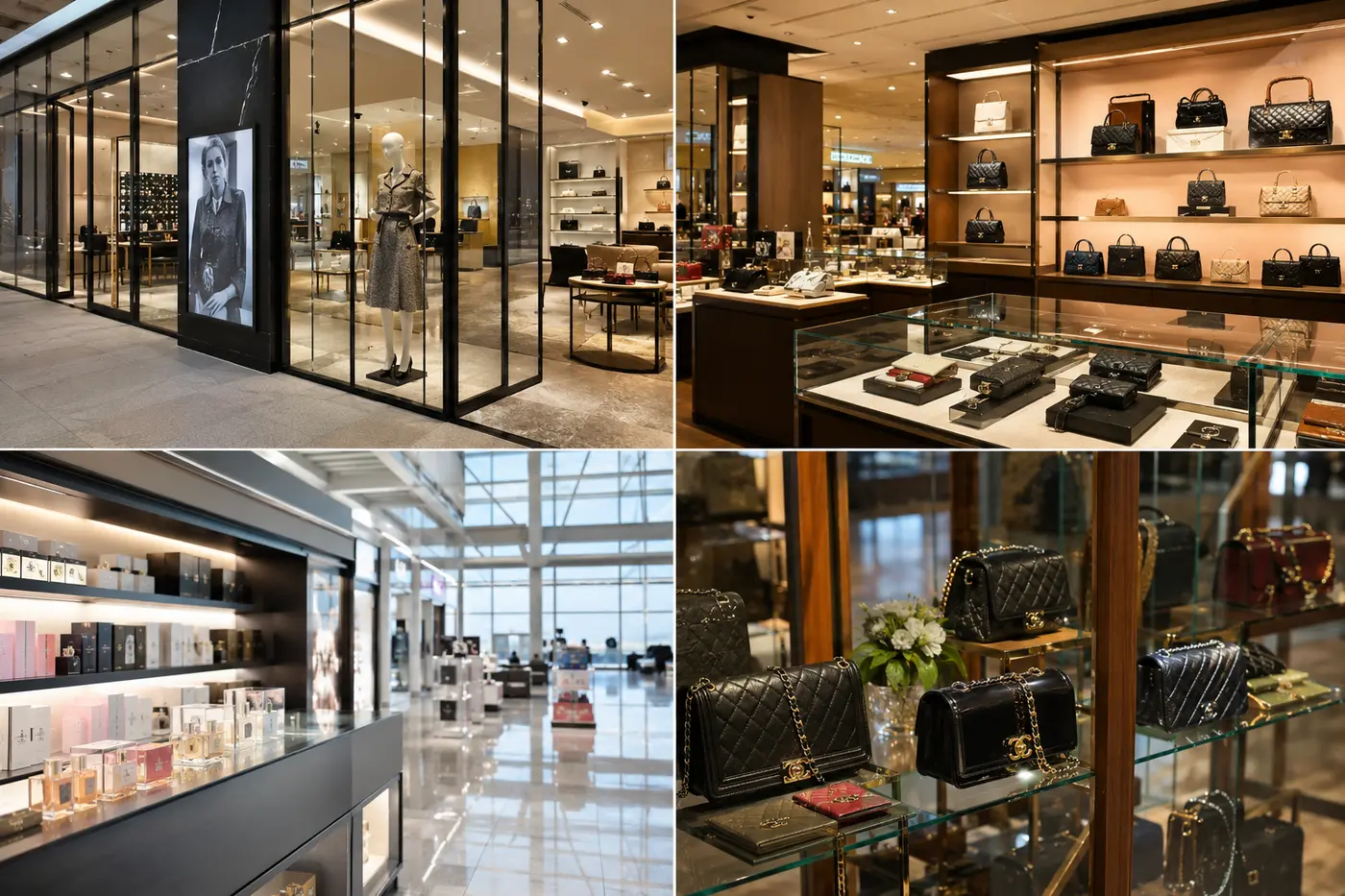 Four Chanel shopping contexts represented by flagship, department store, travel retail and pre-owned displays
