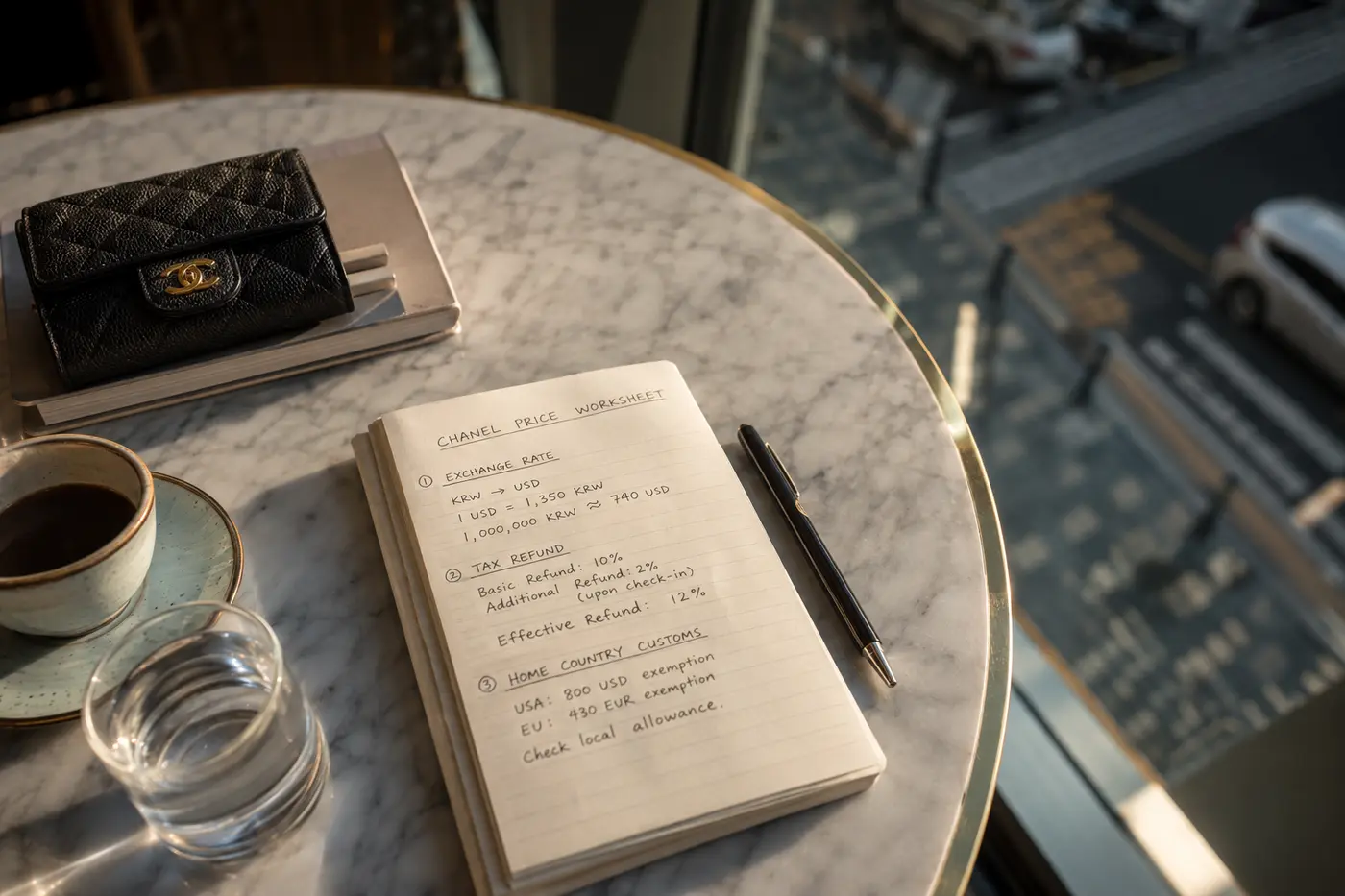 A Chanel price worksheet with exchange rate, refund and home-country customs notes