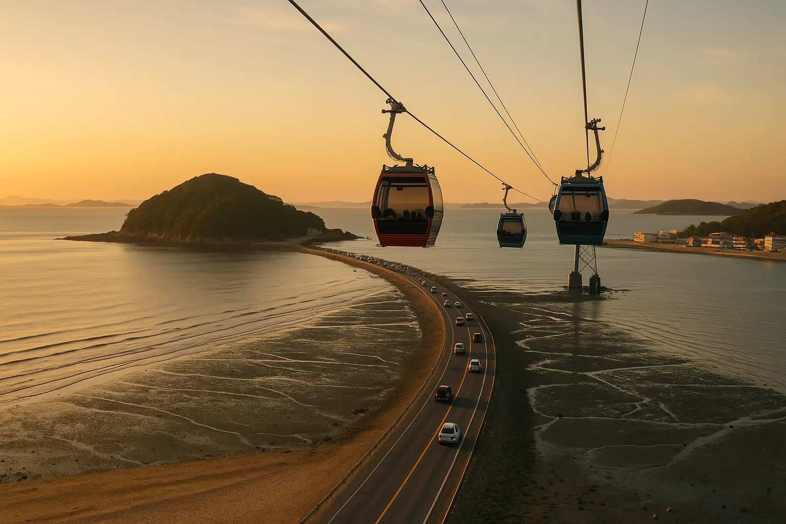 Jebudo shoreline, tidal road and marine cable cars at golden hour