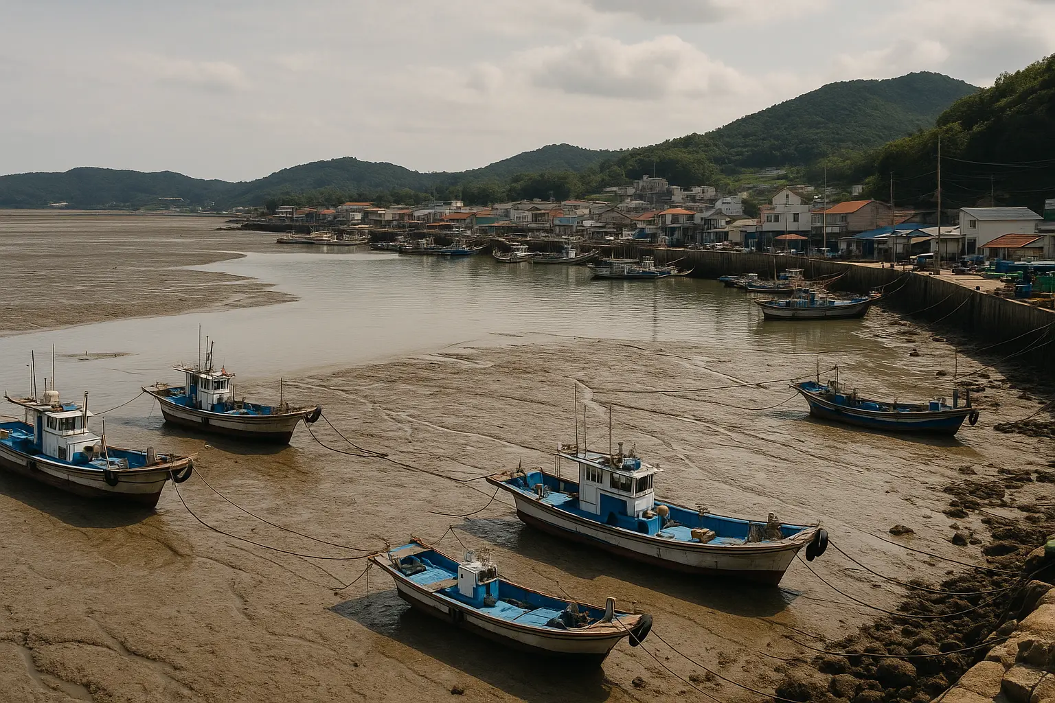 Low wooden fishing boats resting beside Yeongheungdo mudflats
